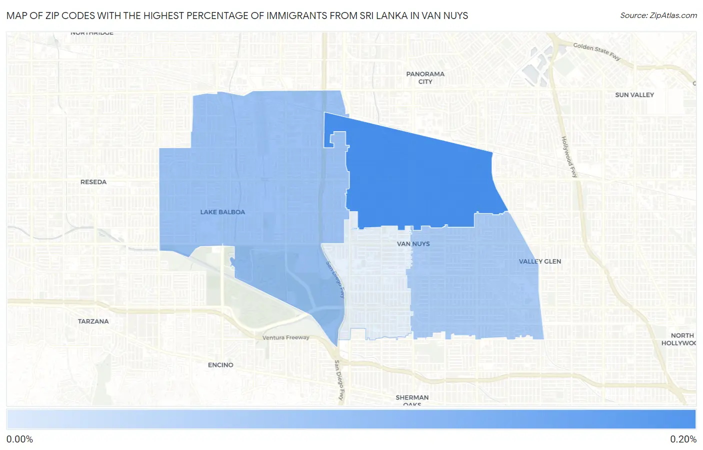 Zip Codes with the Highest Percentage of Immigrants from Sri Lanka in Van Nuys Map