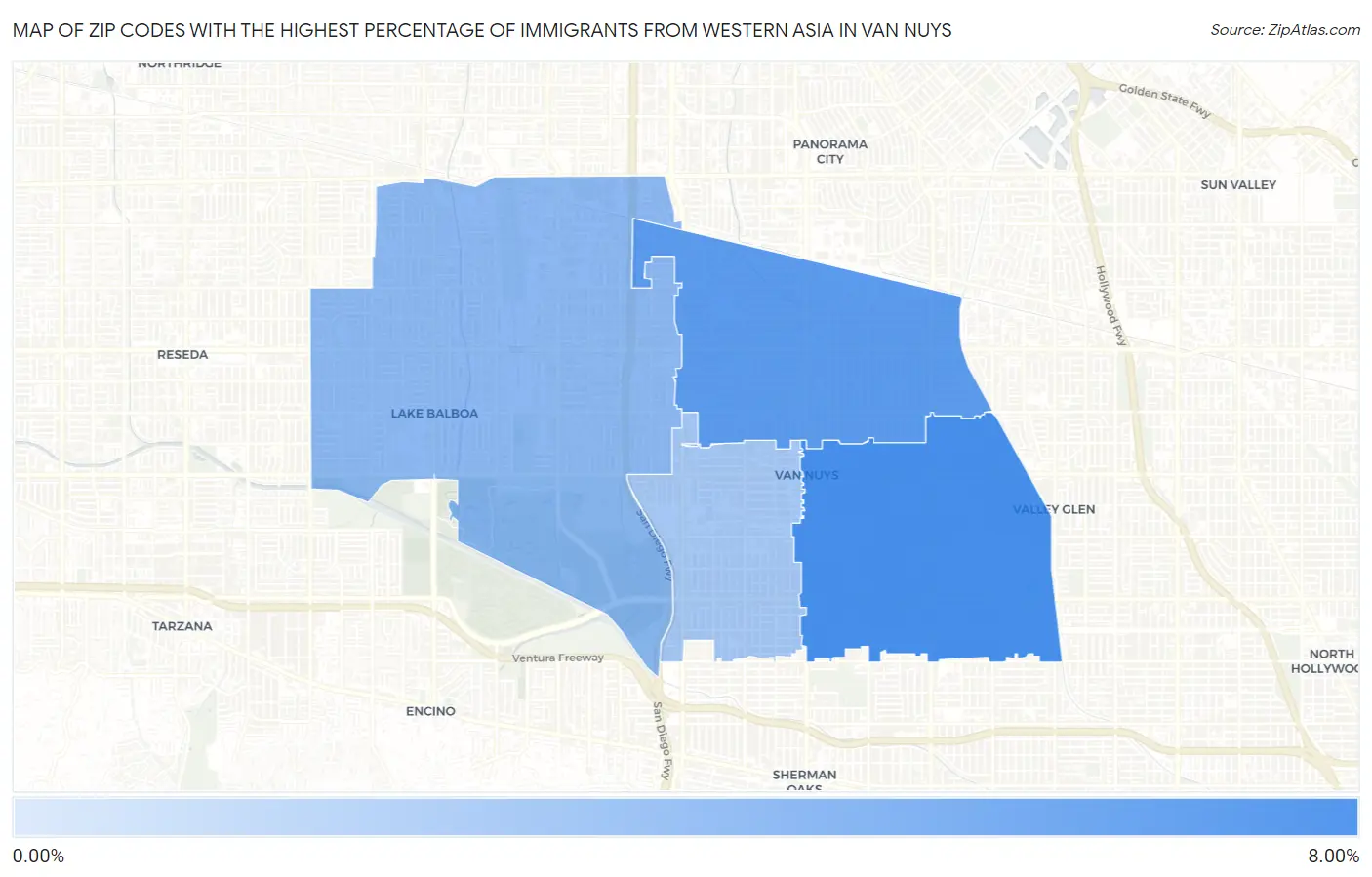 Zip Codes with the Highest Percentage of Immigrants from Western Asia in Van Nuys Map