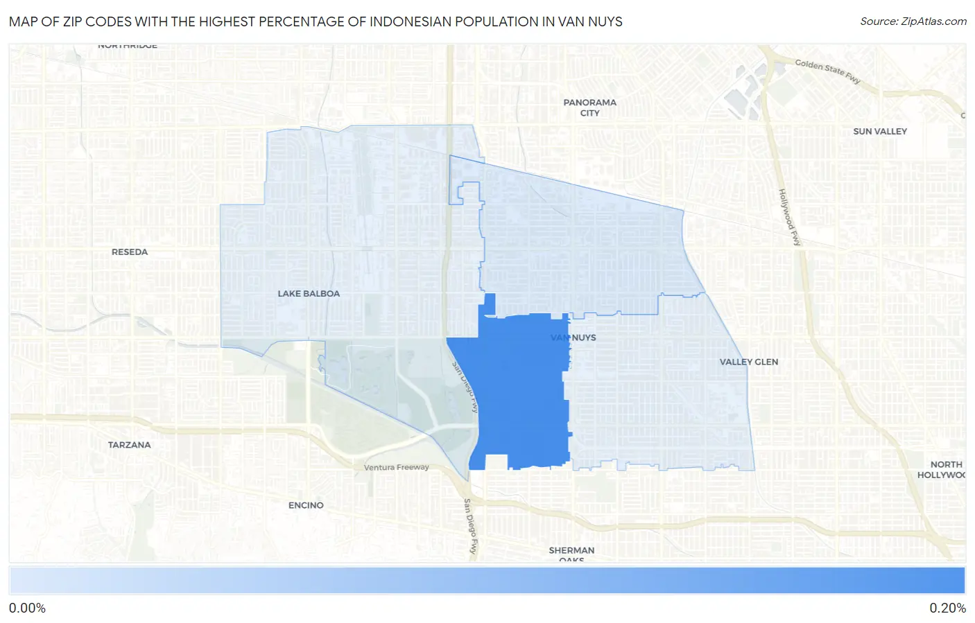 Zip Codes with the Highest Percentage of Indonesian Population in Van Nuys Map