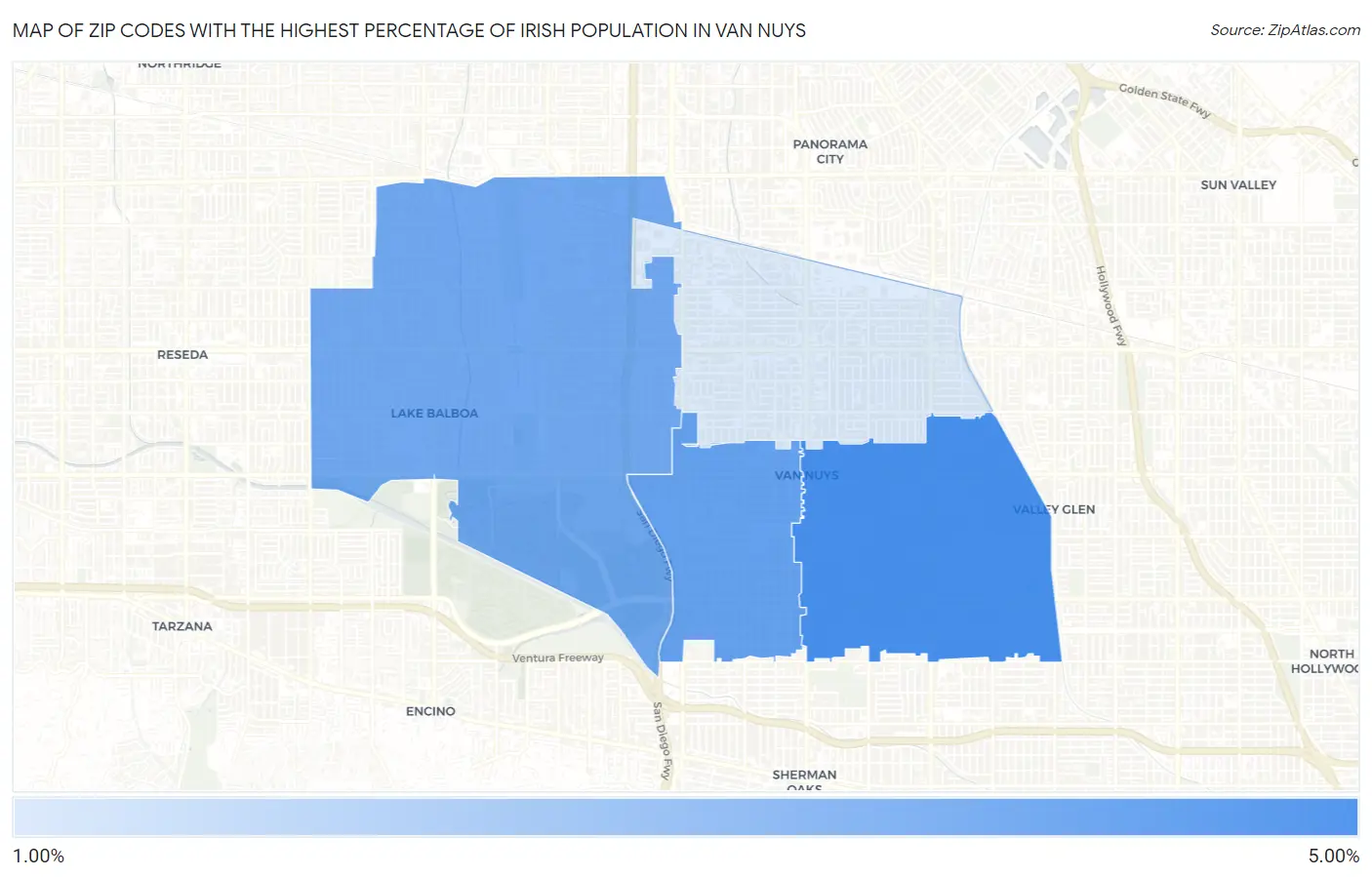 Zip Codes with the Highest Percentage of Irish Population in Van Nuys Map