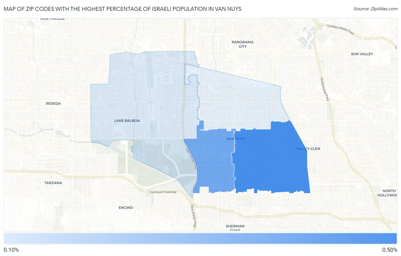 Zip Codes with the Highest Percentage of Israeli Population in Van Nuys Map
