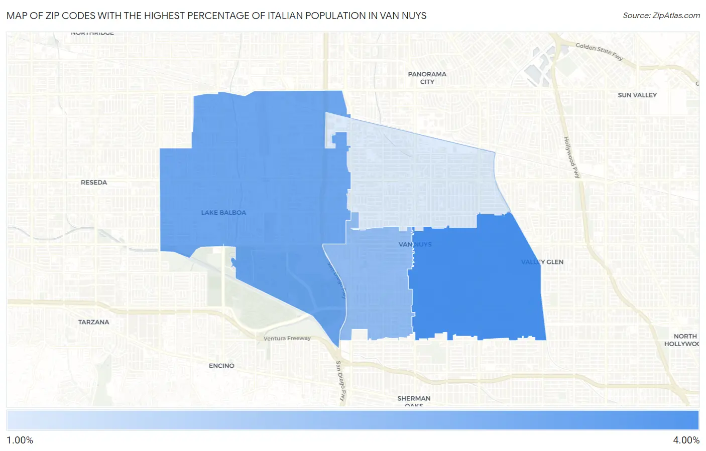 Zip Codes with the Highest Percentage of Italian Population in Van Nuys Map