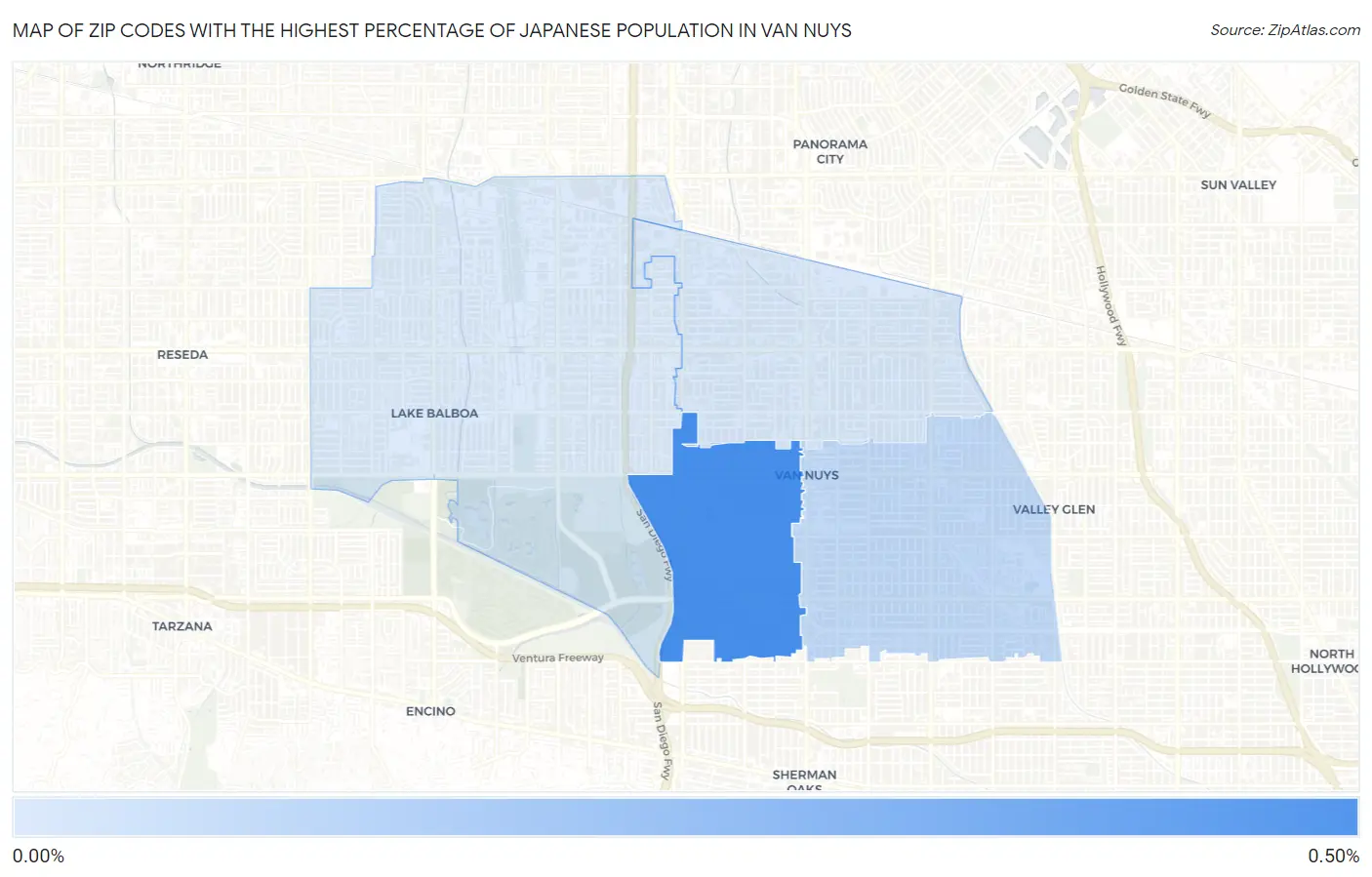 Zip Codes with the Highest Percentage of Japanese Population in Van Nuys Map