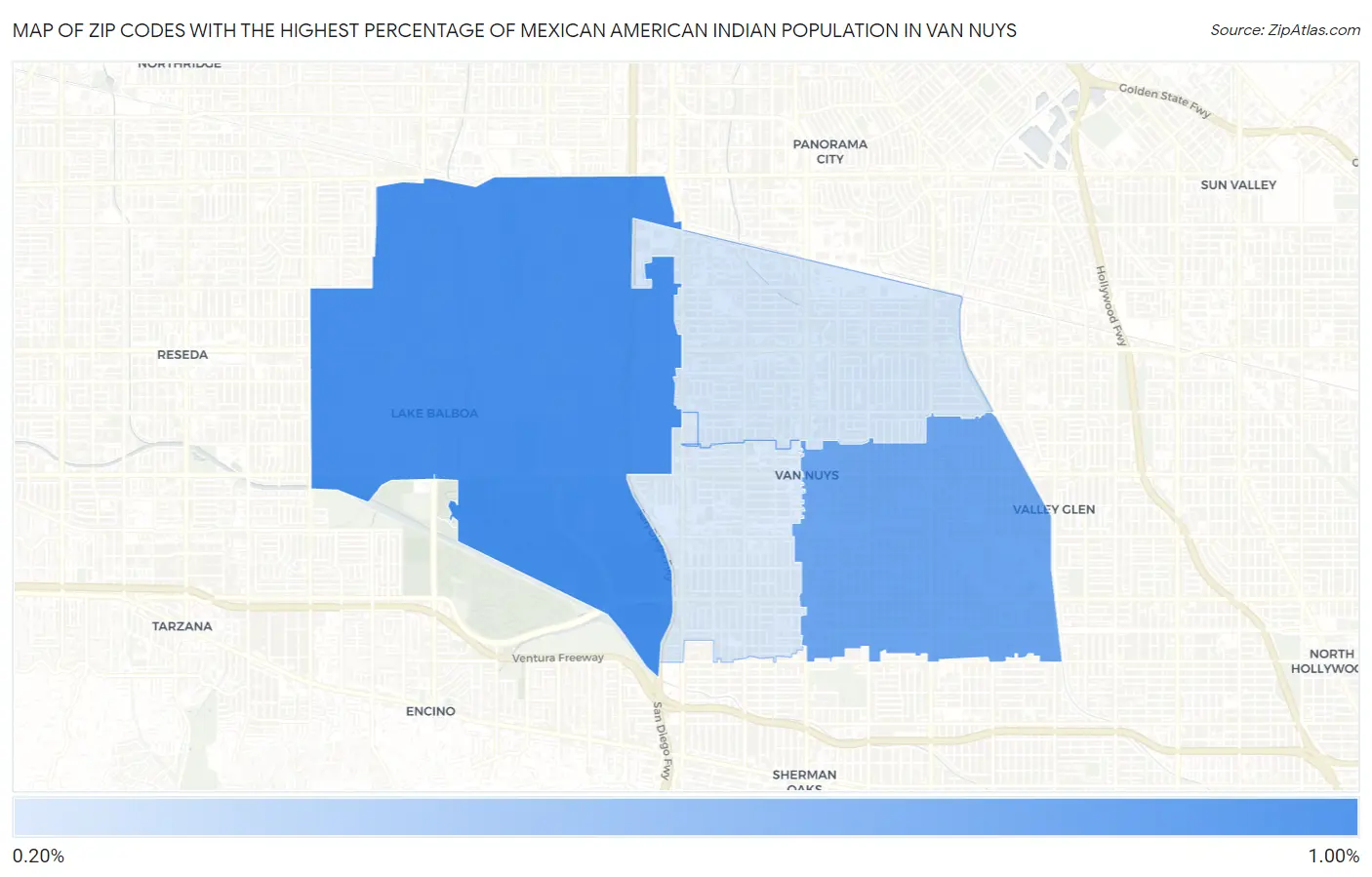 Zip Codes with the Highest Percentage of Mexican American Indian Population in Van Nuys Map
