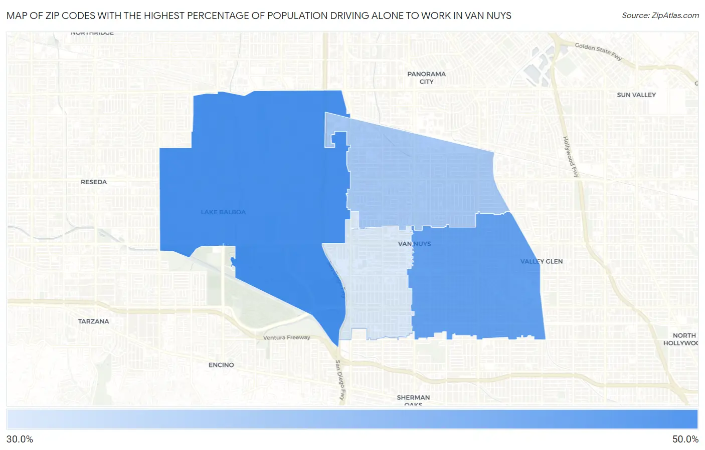 Zip Codes with the Highest Percentage of Population Driving Alone to Work in Van Nuys Map