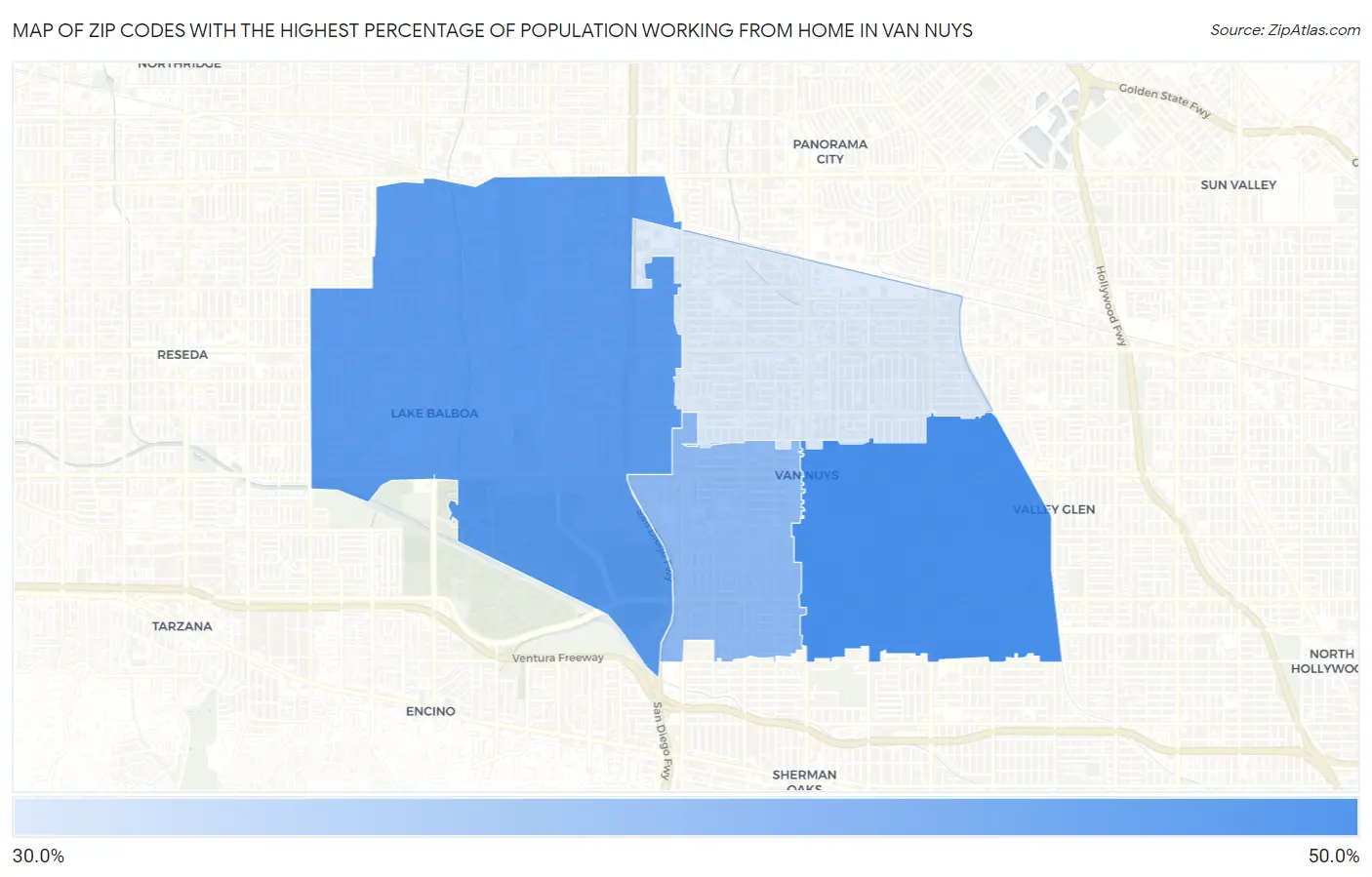 Zip Codes with the Highest Percentage of Population Working from Home in Van Nuys Map