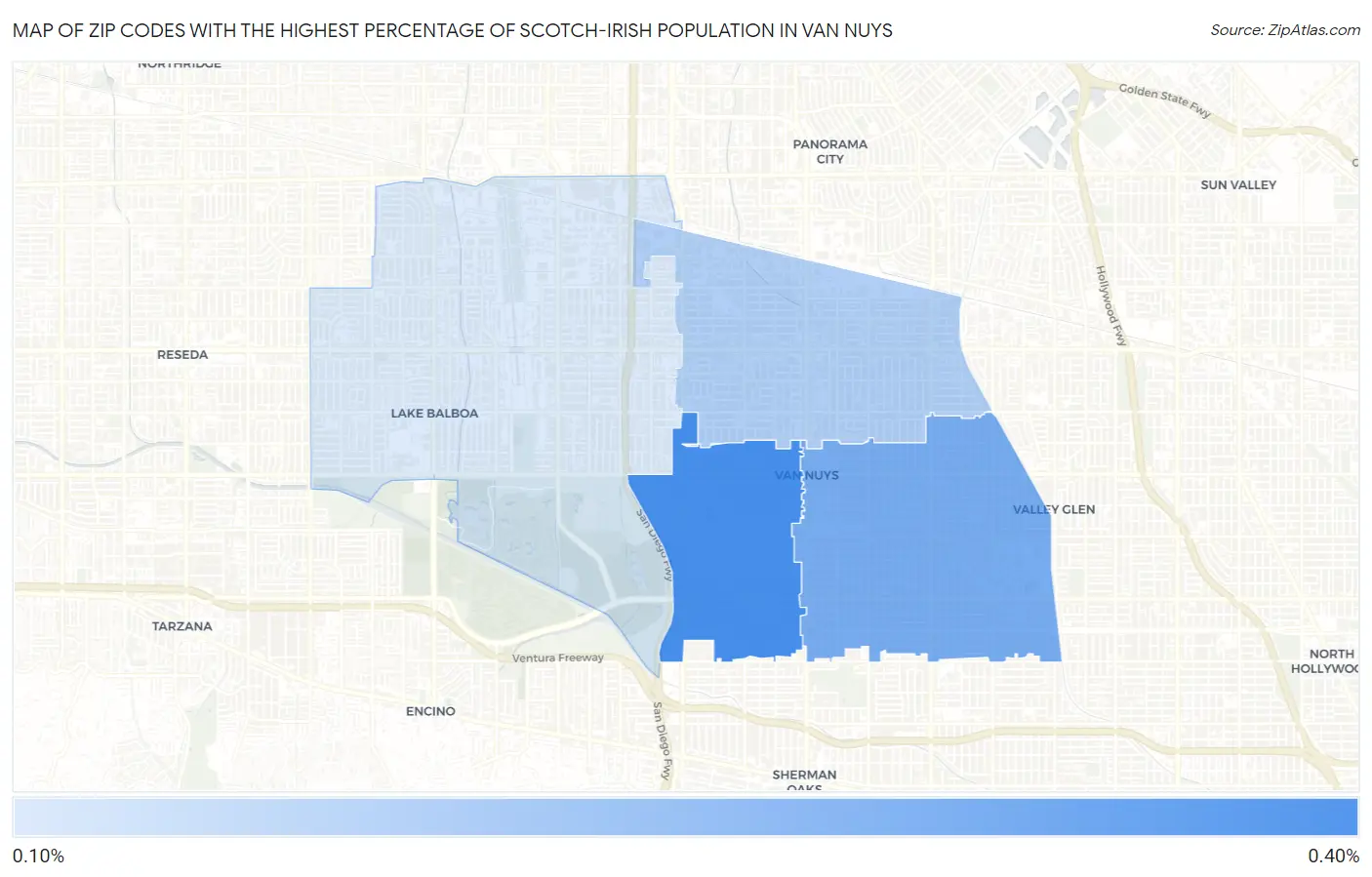 Zip Codes with the Highest Percentage of Scotch-Irish Population in Van Nuys Map