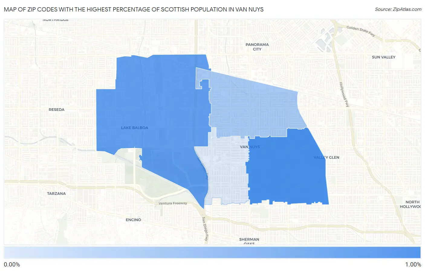 Zip Codes with the Highest Percentage of Scottish Population in Van Nuys Map
