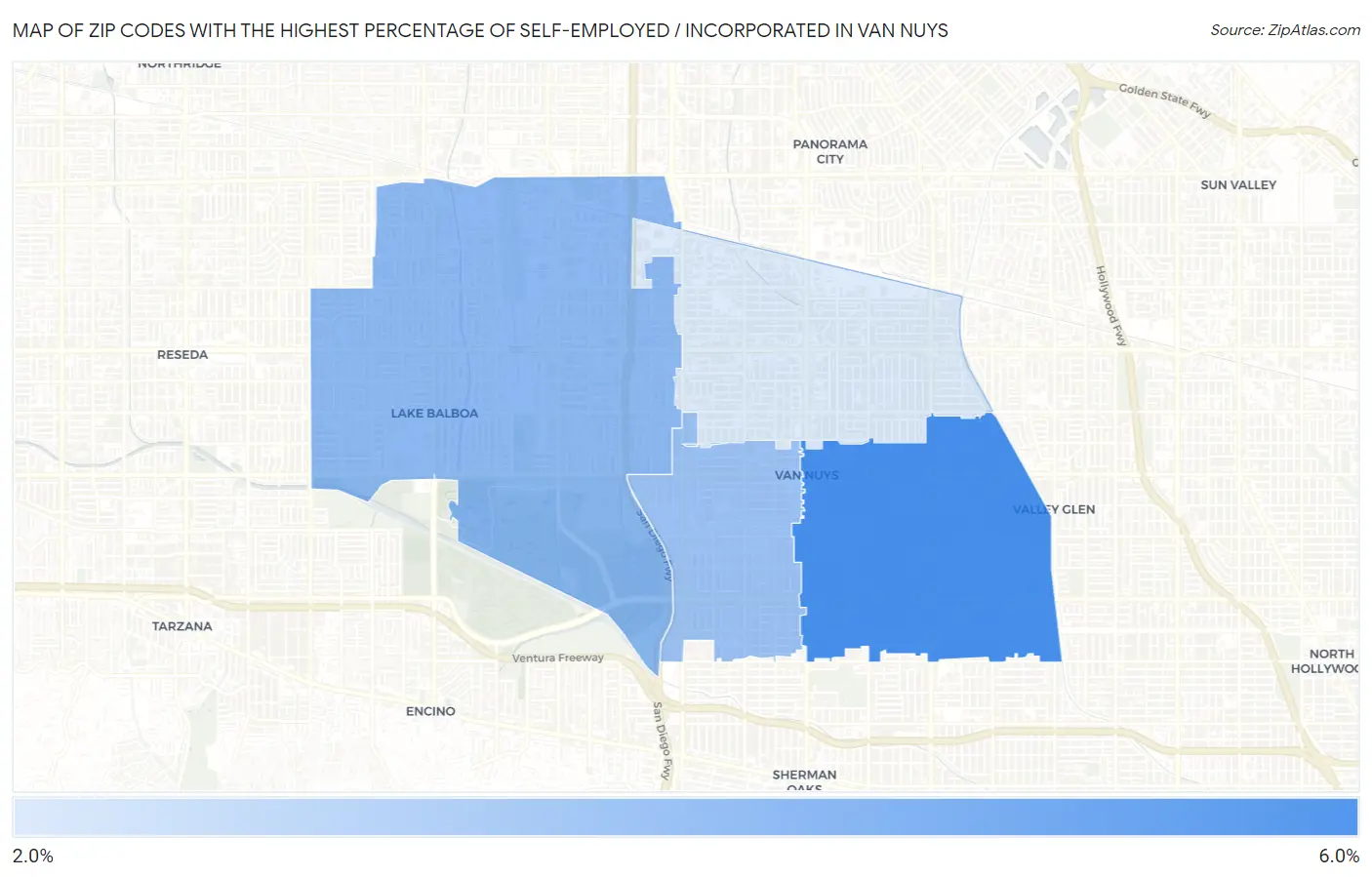 Zip Codes with the Highest Percentage of Self-Employed / Incorporated in Van Nuys Map