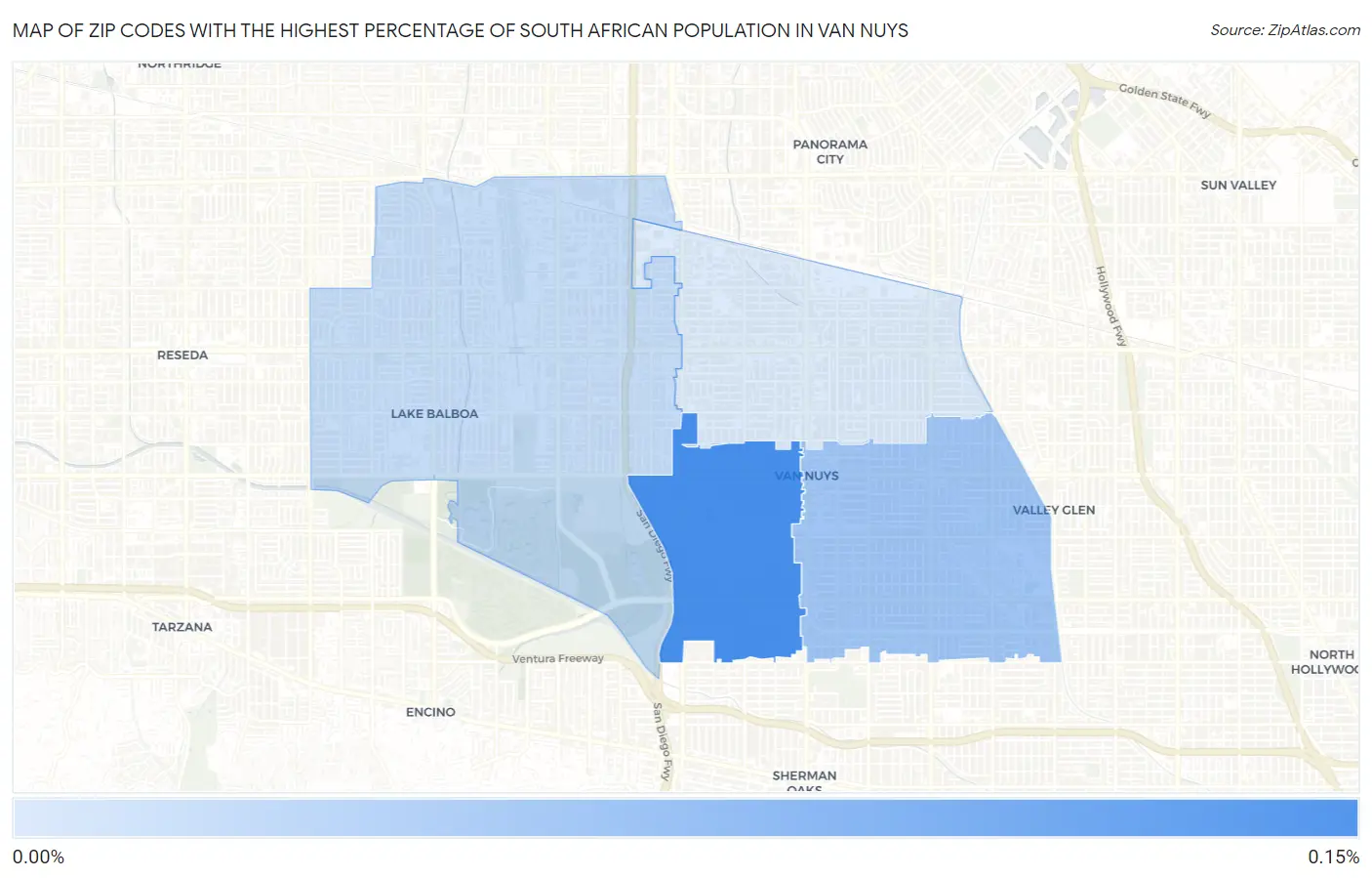 Zip Codes with the Highest Percentage of South African Population in Van Nuys Map