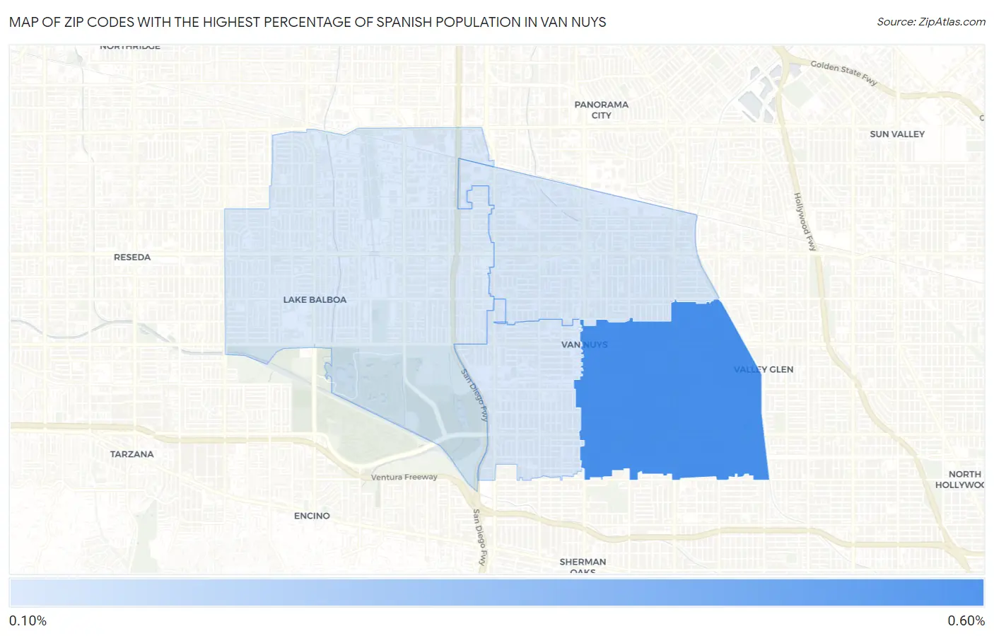 Zip Codes with the Highest Percentage of Spanish Population in Van Nuys Map