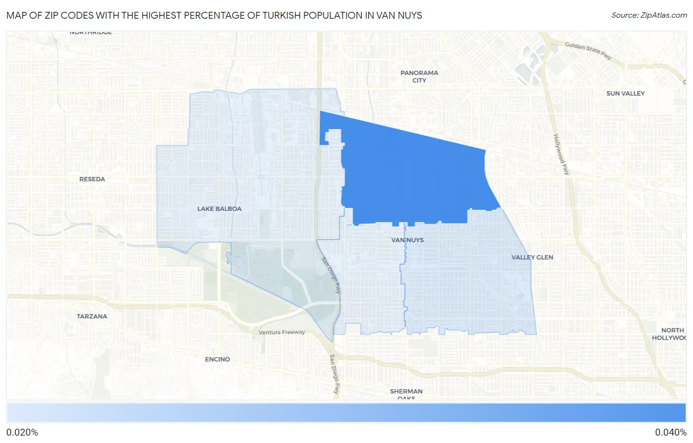 Zip Codes with the Highest Percentage of Turkish Population in Van Nuys Map