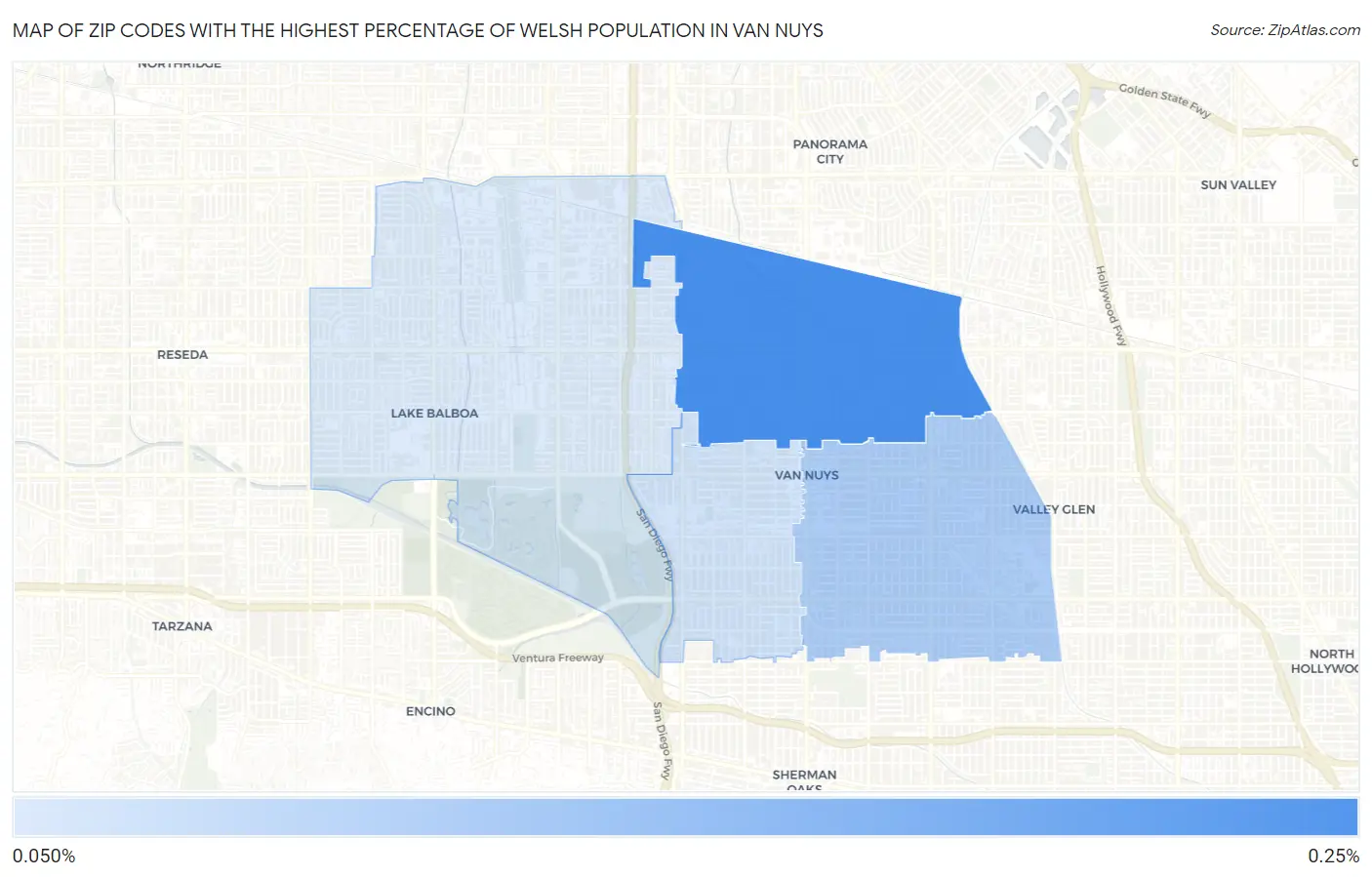 Zip Codes with the Highest Percentage of Welsh Population in Van Nuys Map