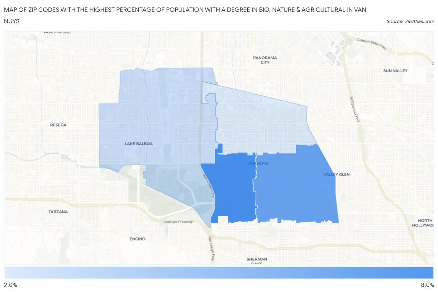 Zip Codes with the Highest Percentage of Population with a Degree in Bio, Nature & Agricultural in Van Nuys Map