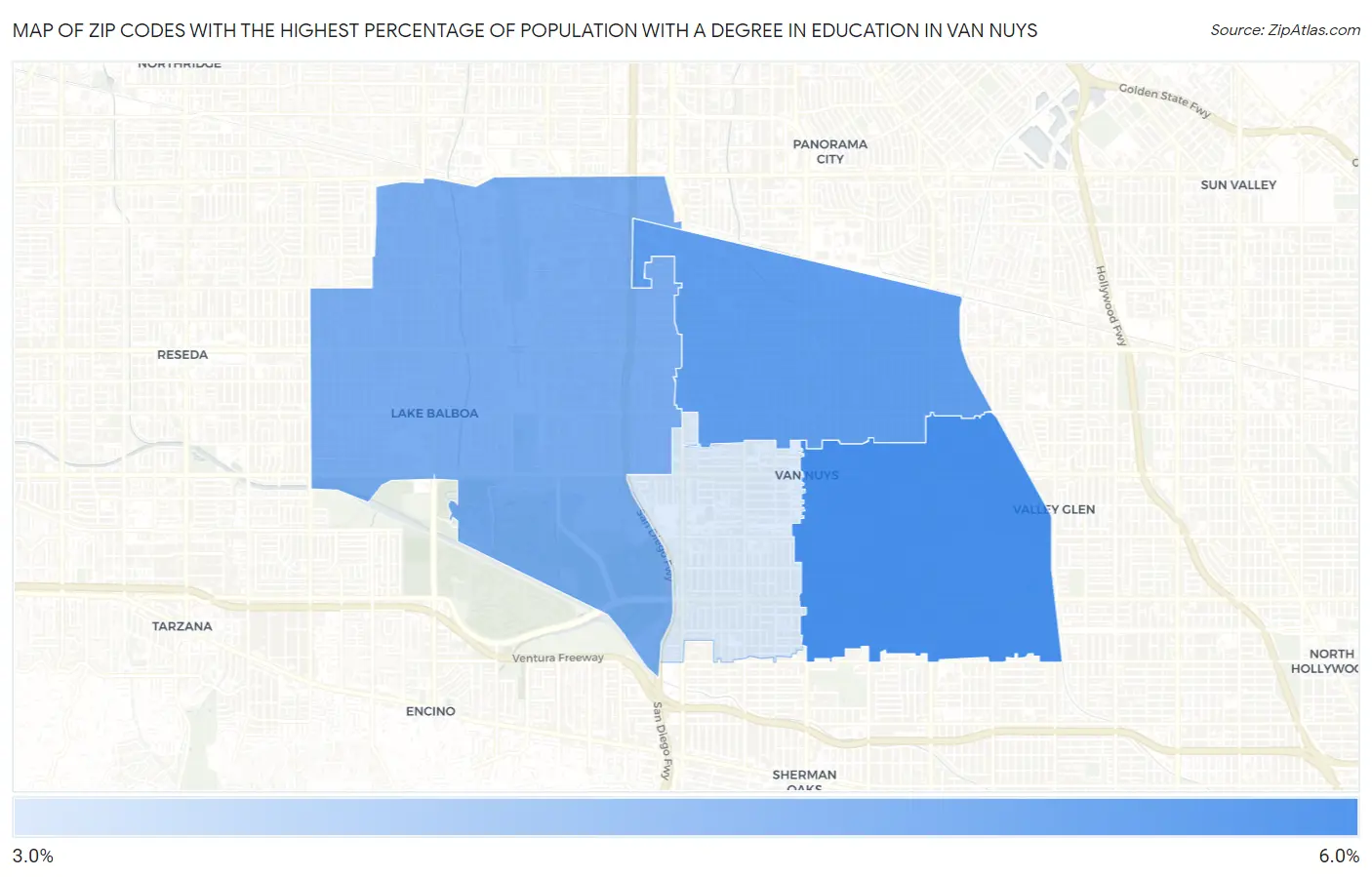 Zip Codes with the Highest Percentage of Population with a Degree in Education in Van Nuys Map