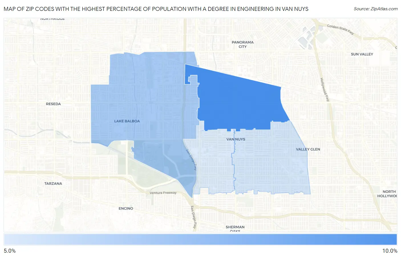 Zip Codes with the Highest Percentage of Population with a Degree in Engineering in Van Nuys Map