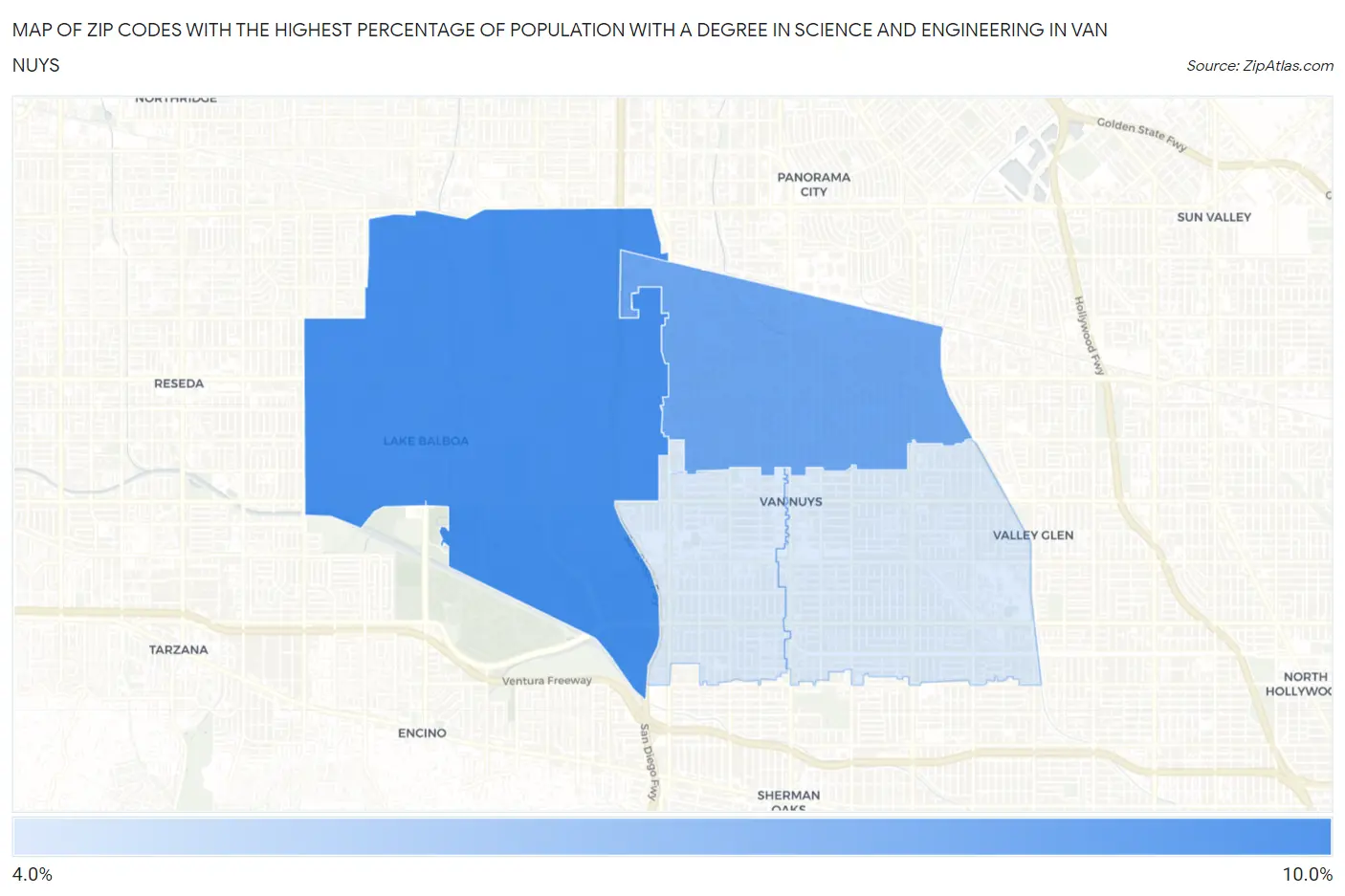 Zip Codes with the Highest Percentage of Population with a Degree in Science and Engineering in Van Nuys Map