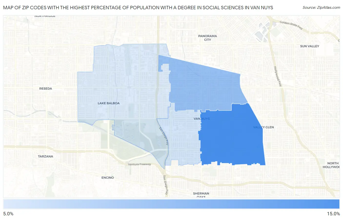 Zip Codes with the Highest Percentage of Population with a Degree in Social Sciences in Van Nuys Map