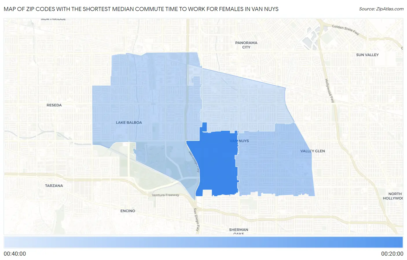 Zip Codes with the Shortest Median Commute Time to Work for Females in Van Nuys Map