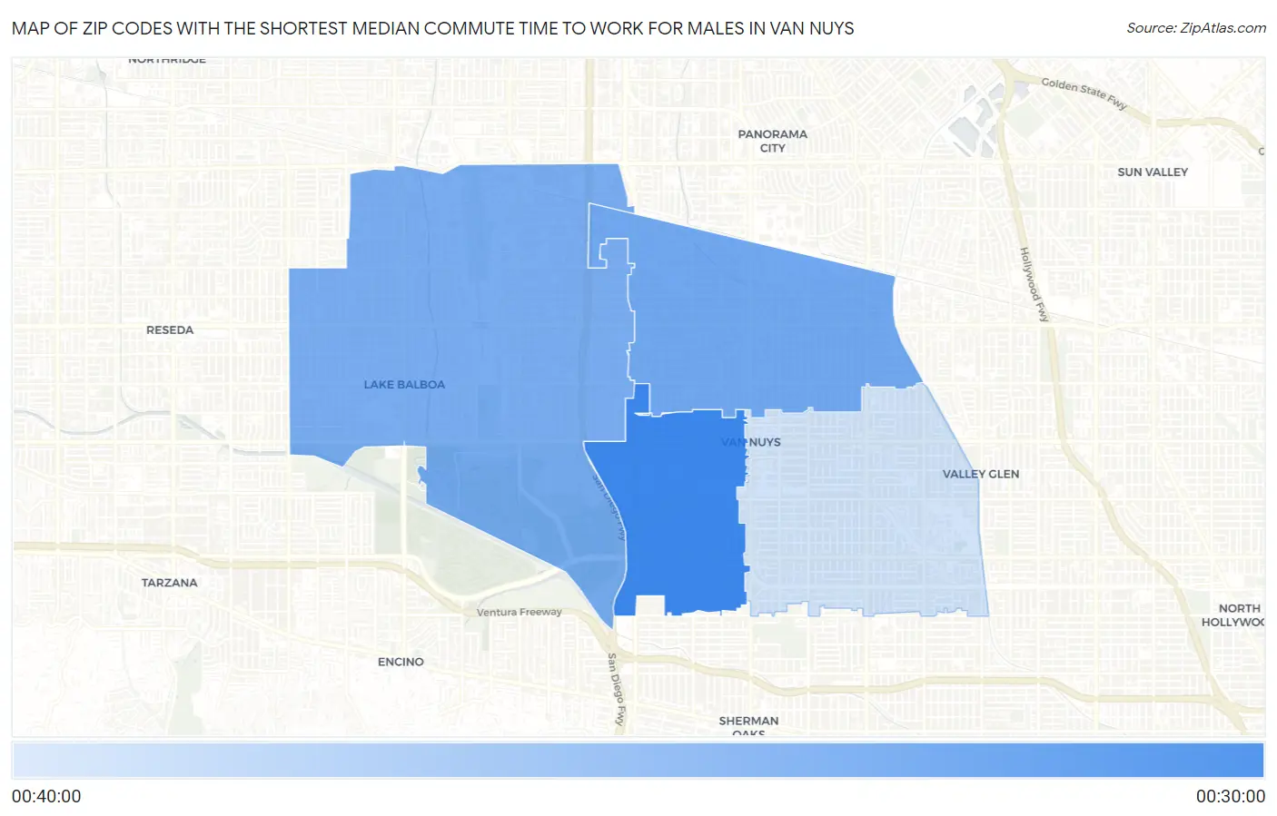 Zip Codes with the Shortest Median Commute Time to Work for Males in Van Nuys Map