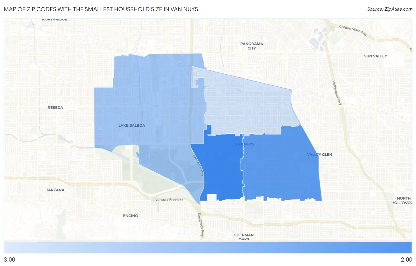 Zip Codes with the Smallest Household Size in Van Nuys Map