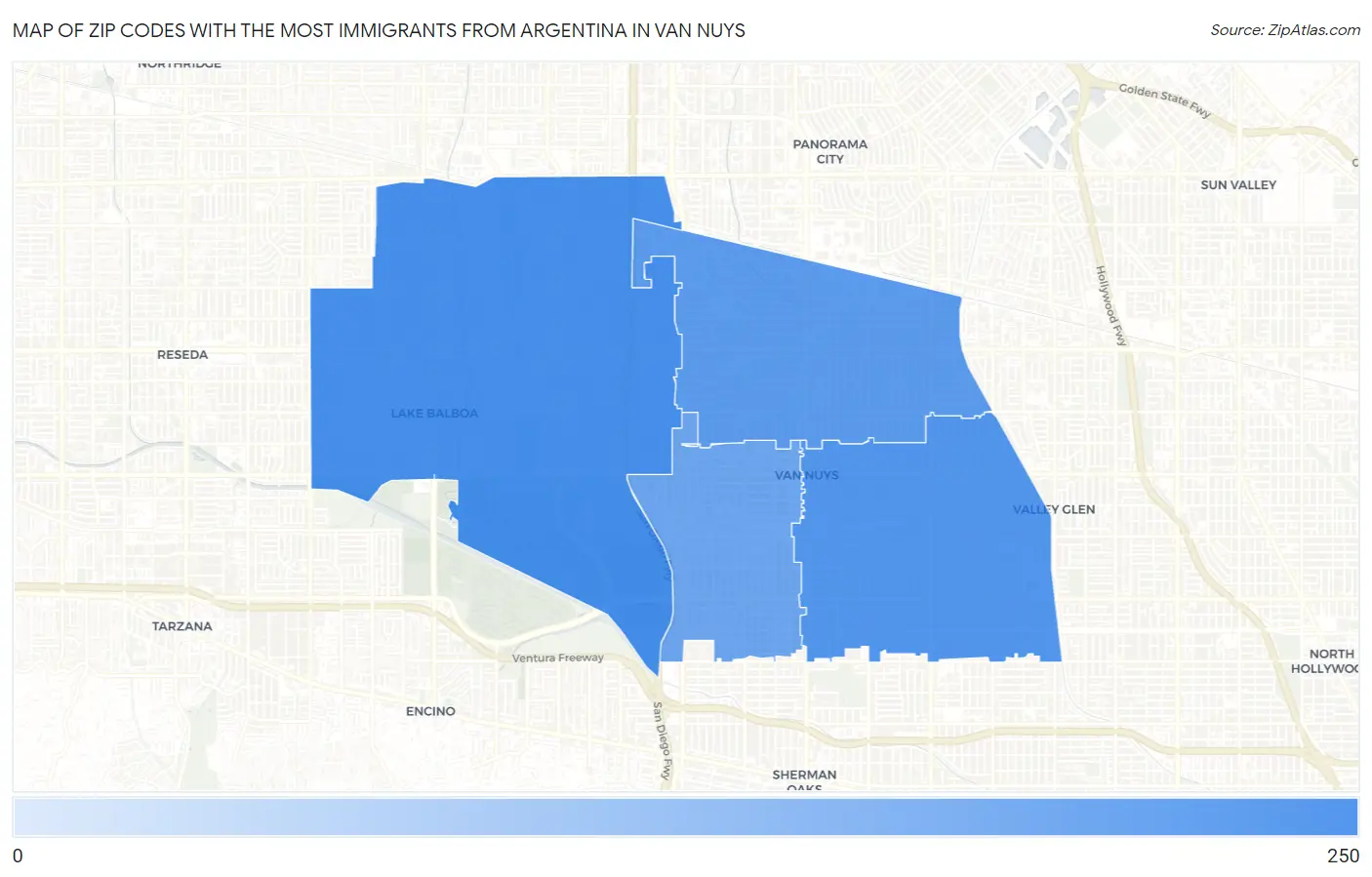 Zip Codes with the Most Immigrants from Argentina in Van Nuys Map