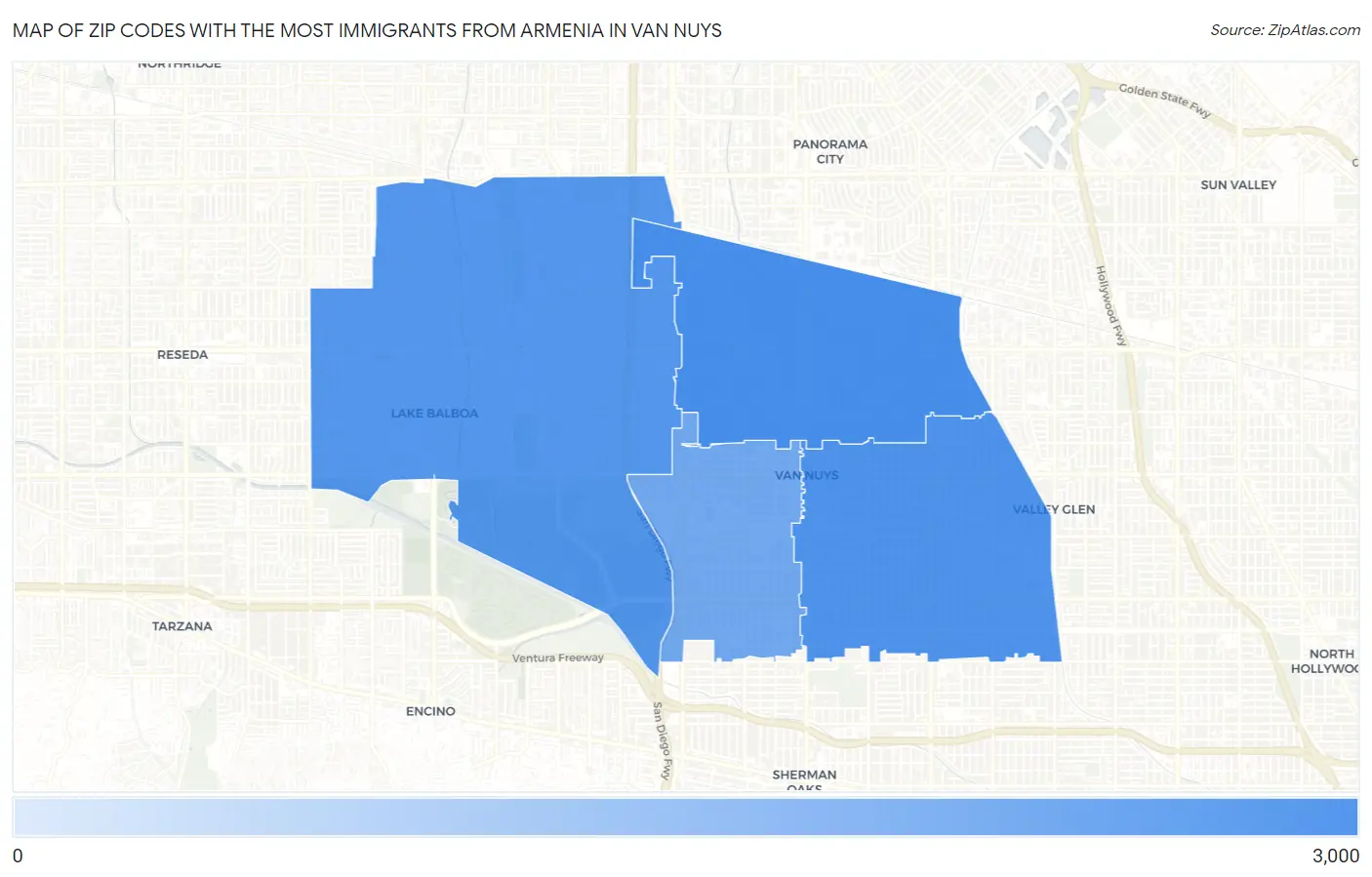 Zip Codes with the Most Immigrants from Armenia in Van Nuys Map