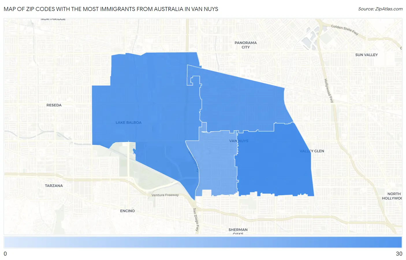 Zip Codes with the Most Immigrants from Australia in Van Nuys Map