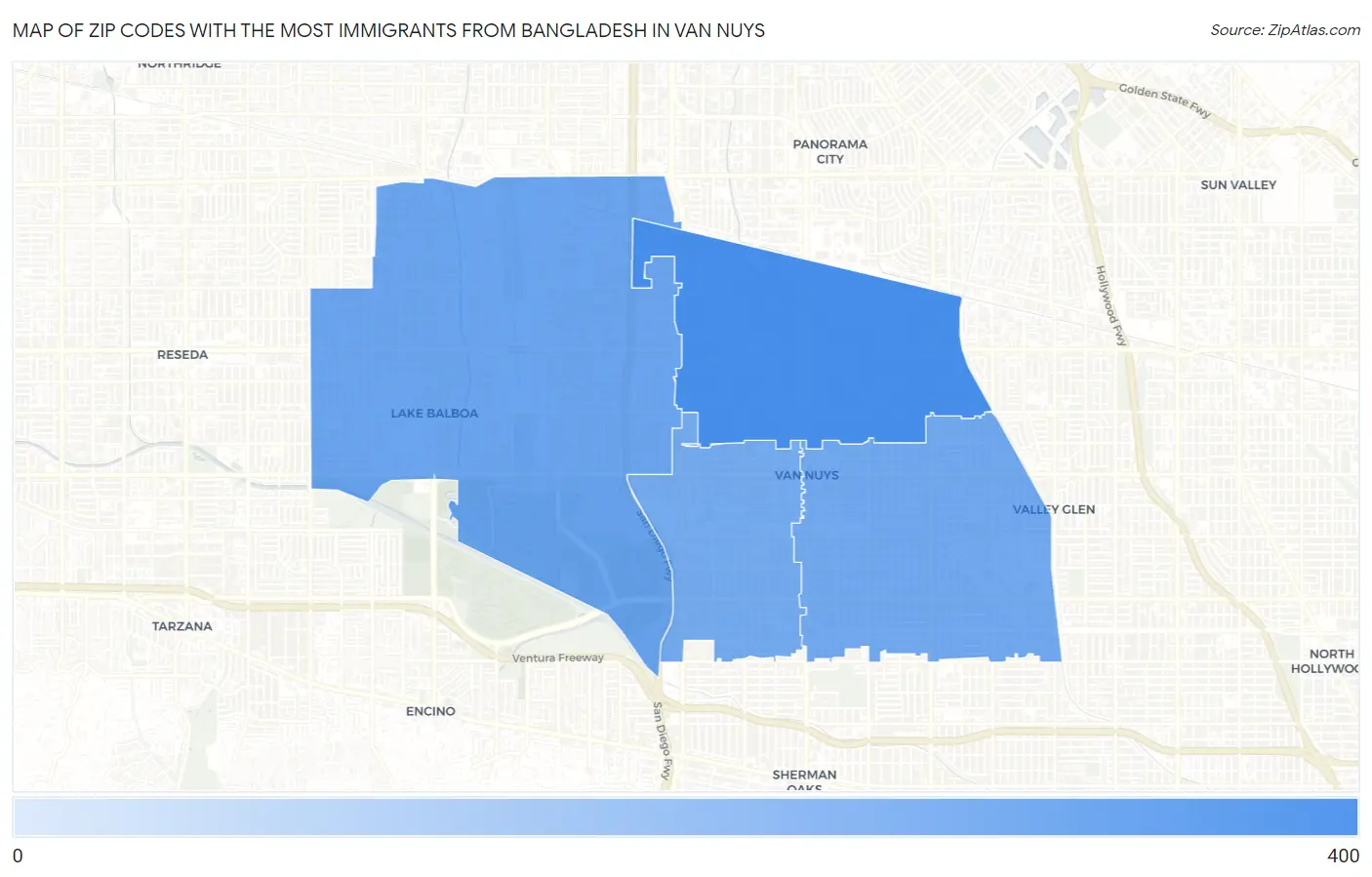 Zip Codes with the Most Immigrants from Bangladesh in Van Nuys Map
