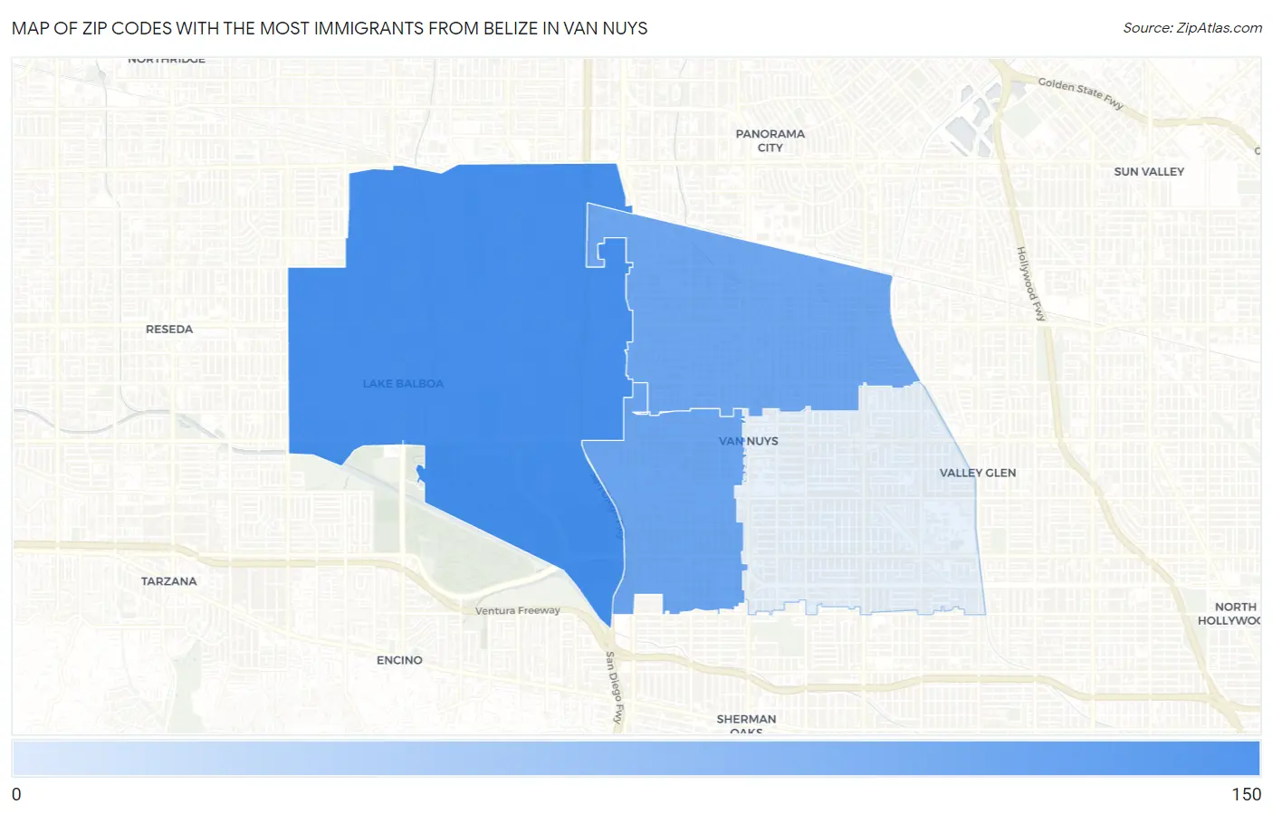 Zip Codes with the Most Immigrants from Belize in Van Nuys Map
