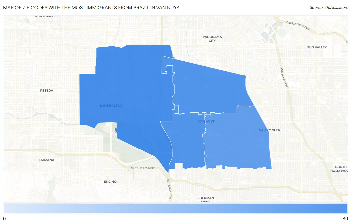 Zip Codes with the Most Immigrants from Brazil in Van Nuys Map