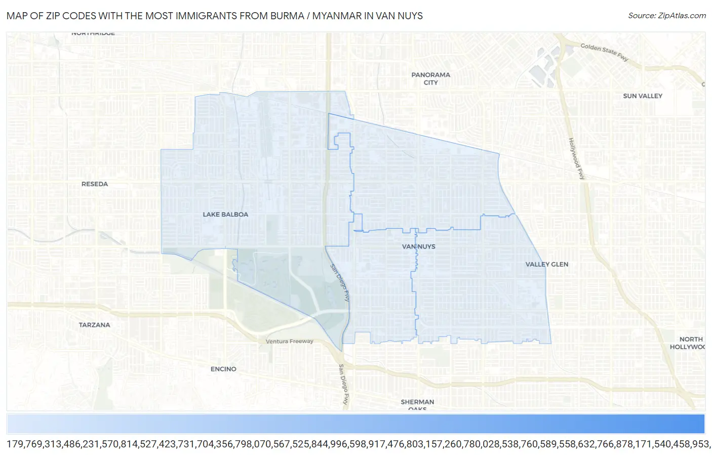Zip Codes with the Most Immigrants from Burma / Myanmar in Van Nuys Map