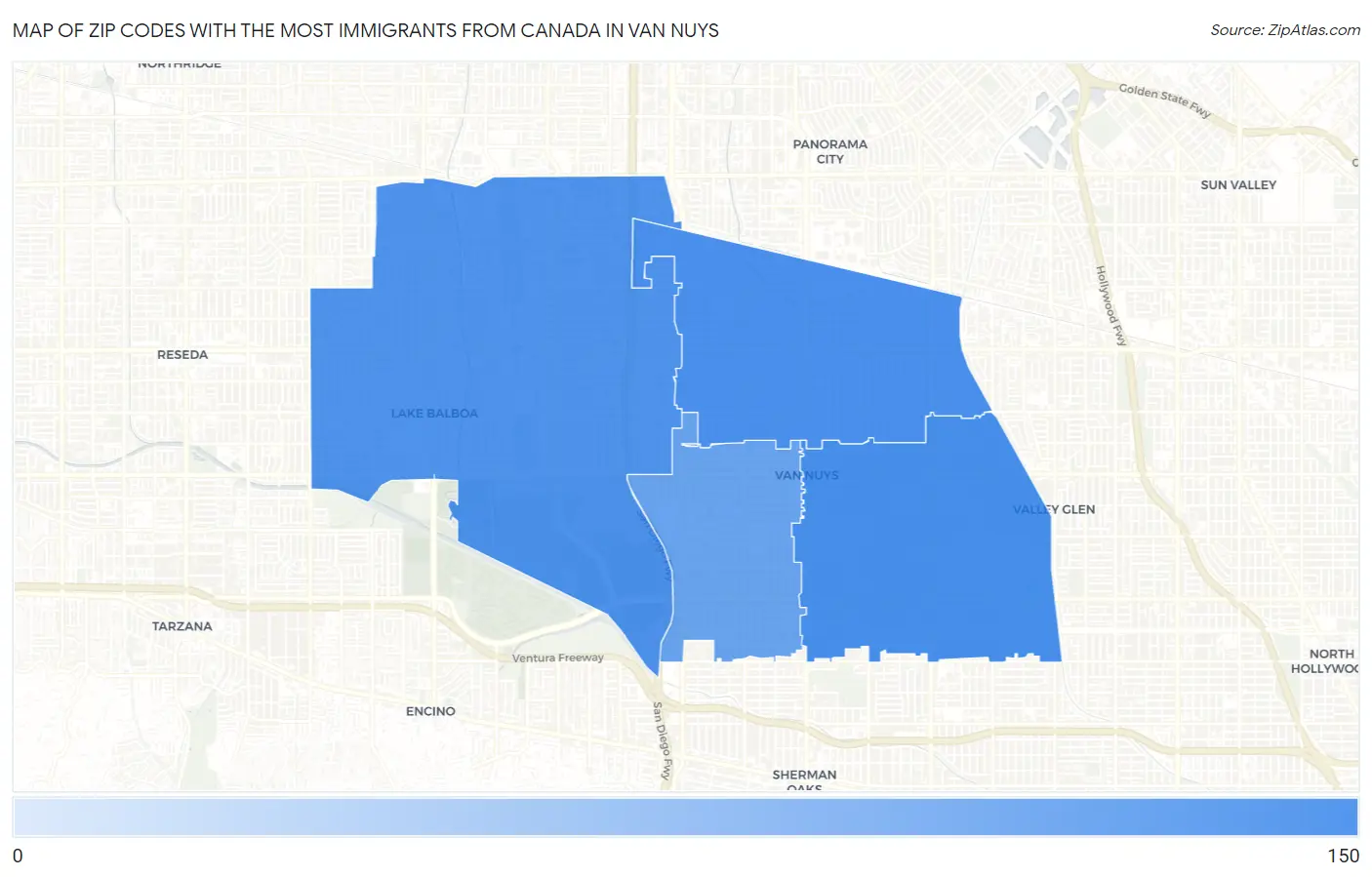 Zip Codes with the Most Immigrants from Canada in Van Nuys Map