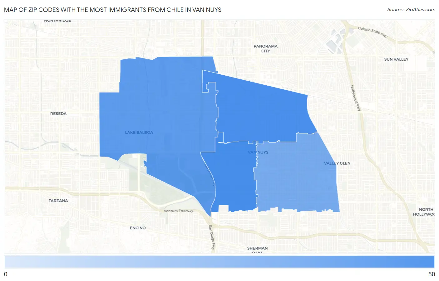 Zip Codes with the Most Immigrants from Chile in Van Nuys Map