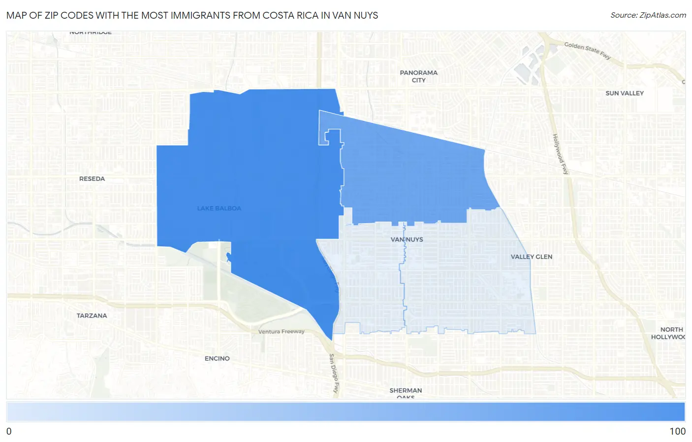 Zip Codes with the Most Immigrants from Costa Rica in Van Nuys Map