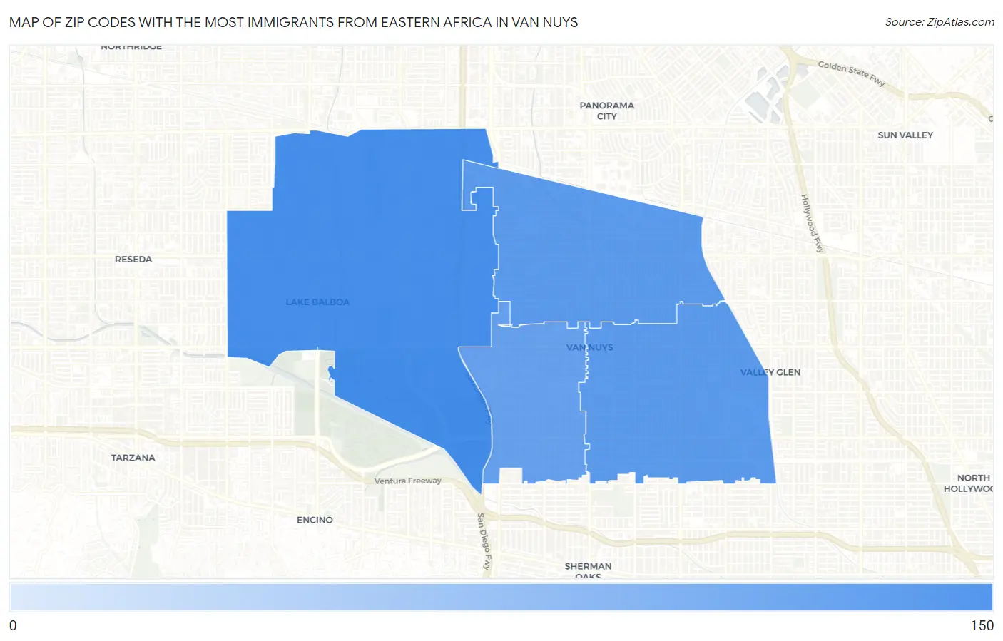 Zip Codes with the Most Immigrants from Eastern Africa in Van Nuys Map