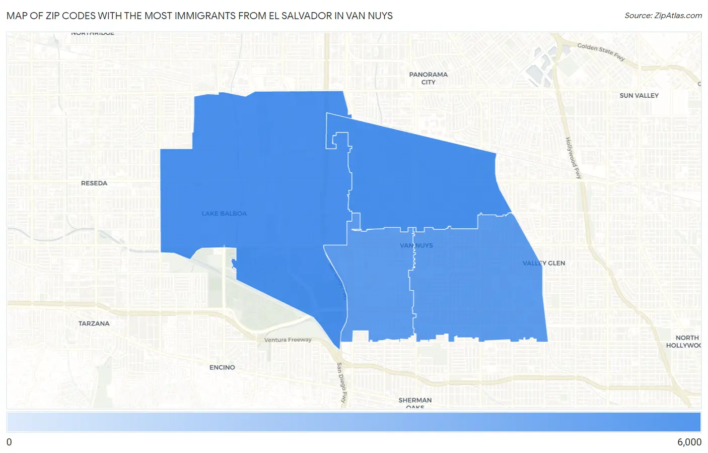 Zip Codes with the Most Immigrants from El Salvador in Van Nuys Map