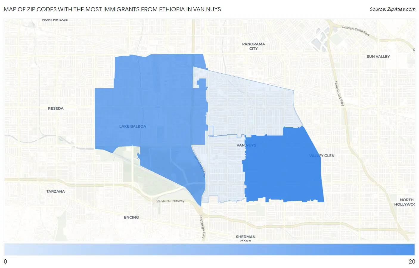 Zip Codes with the Most Immigrants from Ethiopia in Van Nuys Map