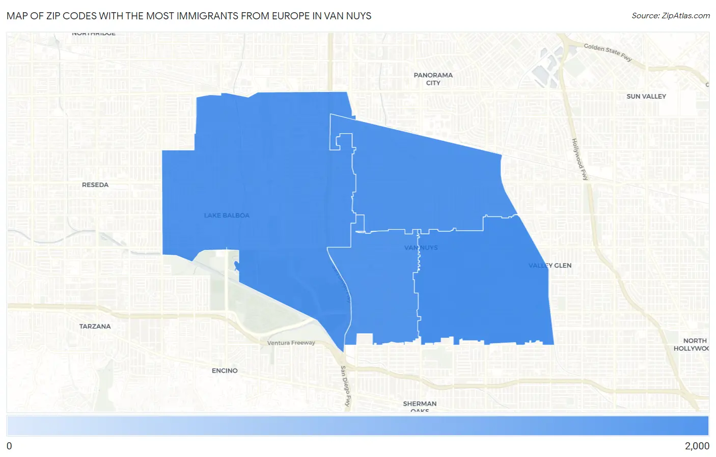 Zip Codes with the Most Immigrants from Europe in Van Nuys Map