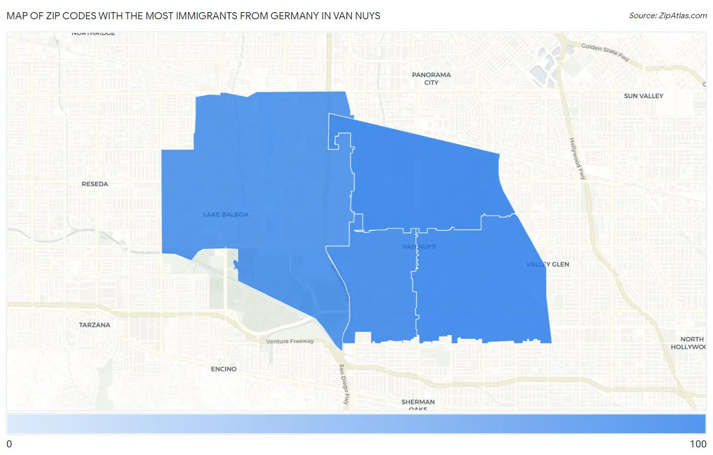 Zip Codes with the Most Immigrants from Germany in Van Nuys Map