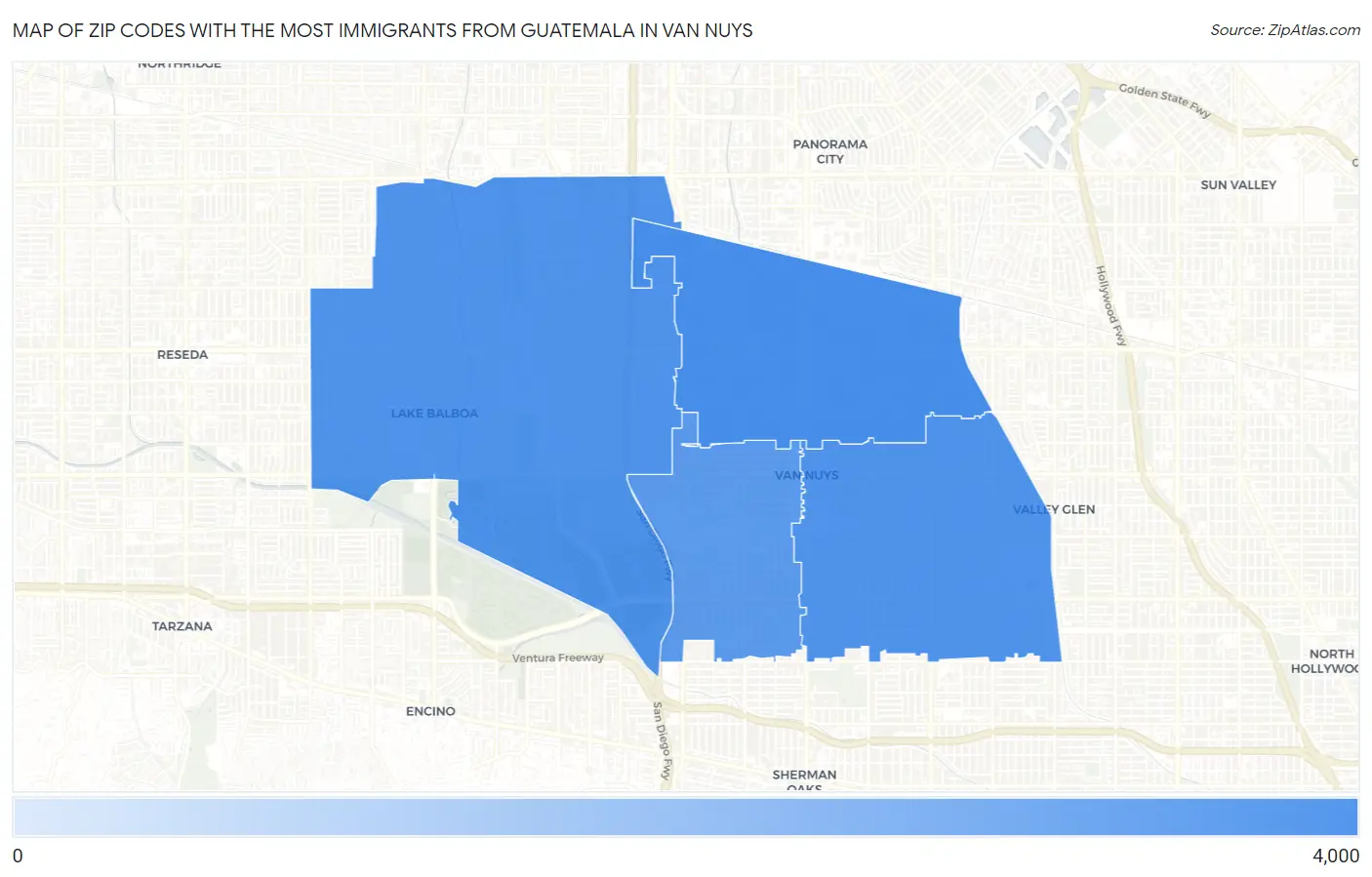 Zip Codes with the Most Immigrants from Guatemala in Van Nuys Map