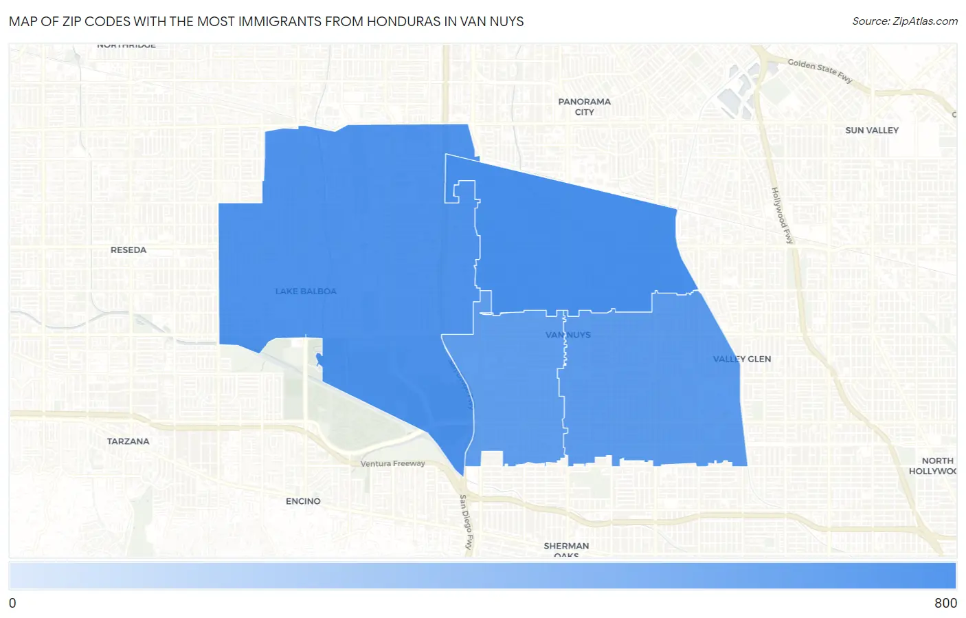 Zip Codes with the Most Immigrants from Honduras in Van Nuys Map