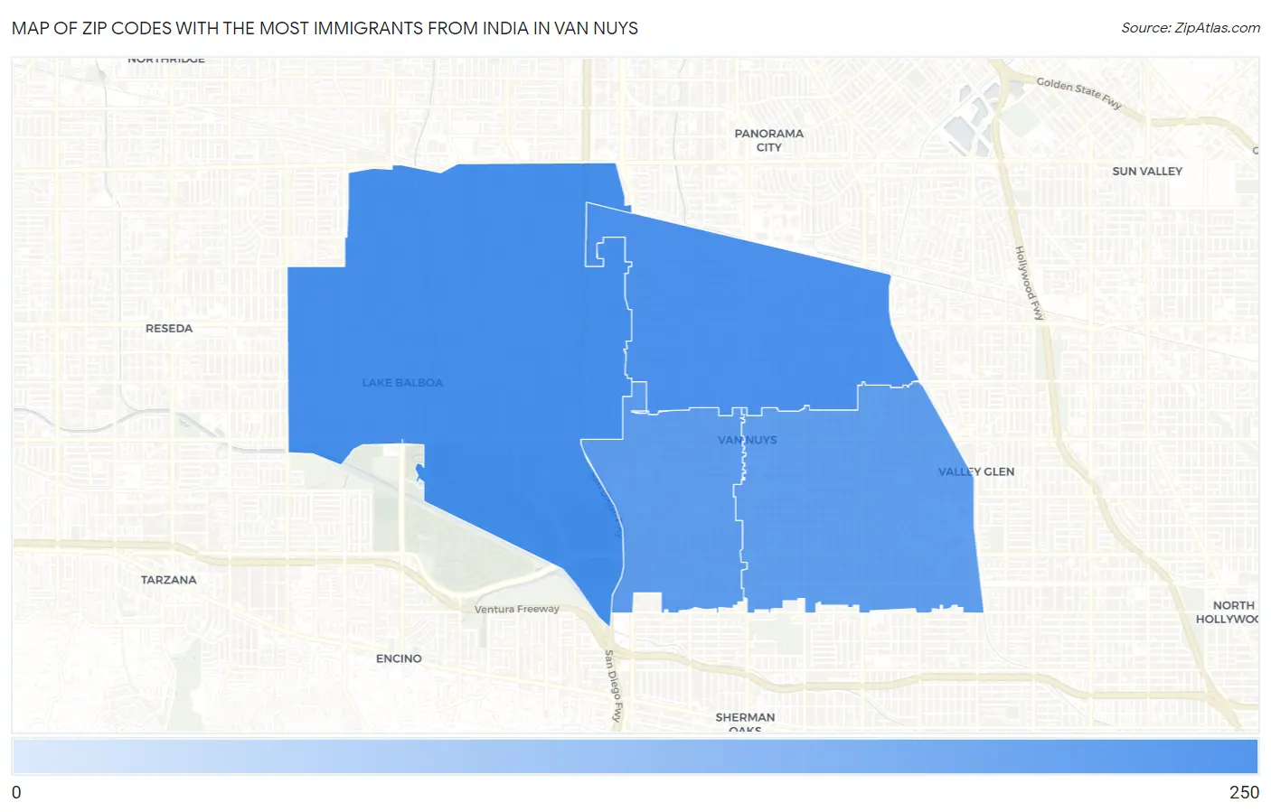 Zip Codes with the Most Immigrants from India in Van Nuys Map