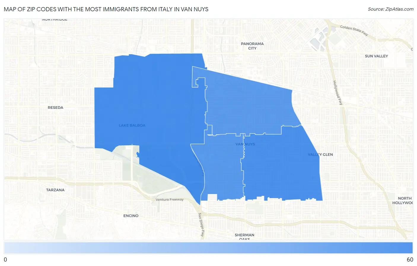 Zip Codes with the Most Immigrants from Italy in Van Nuys Map