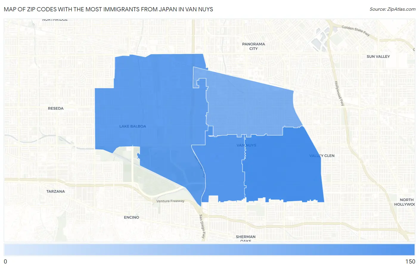 Zip Codes with the Most Immigrants from Japan in Van Nuys Map
