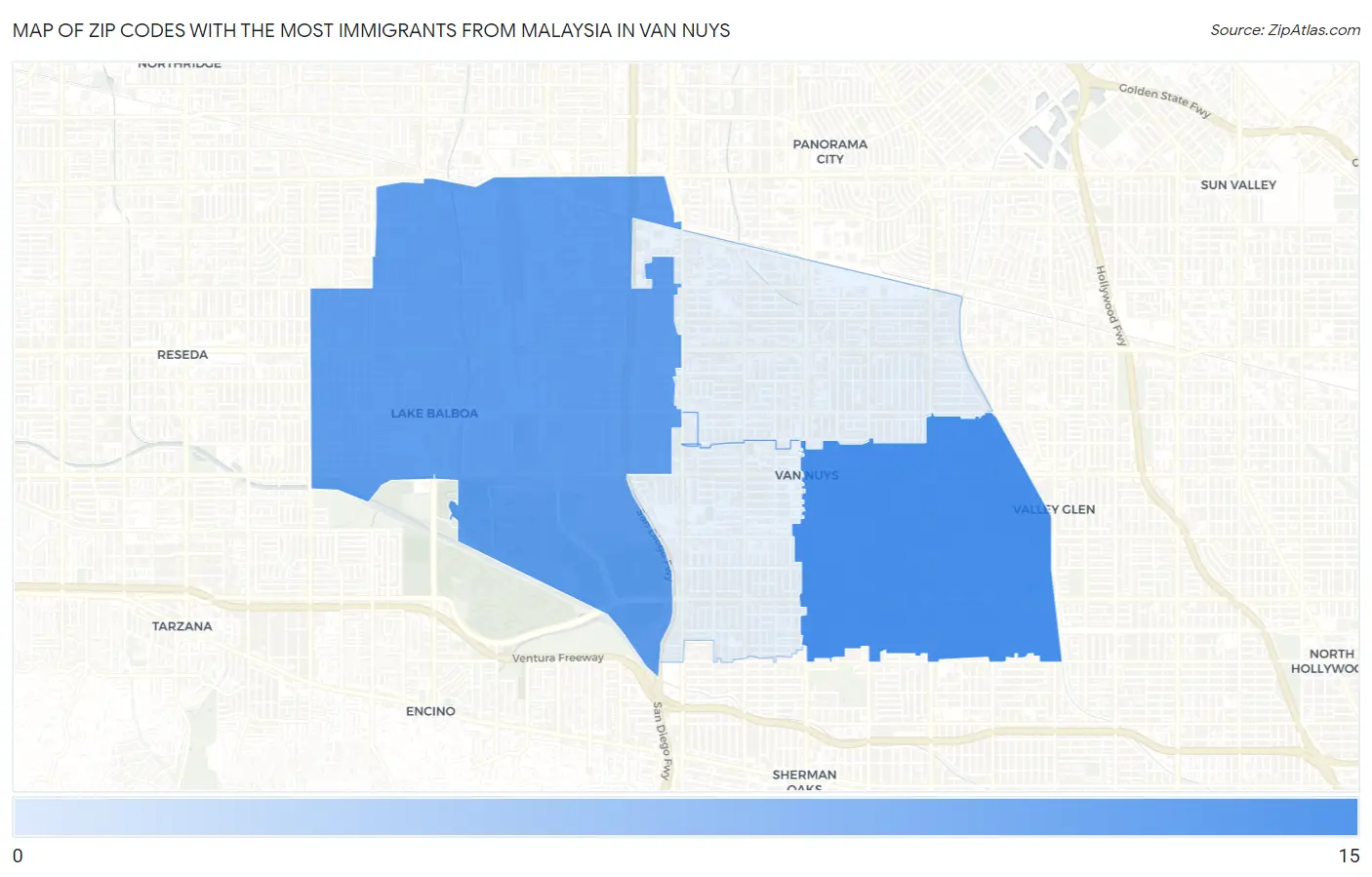 Zip Codes with the Most Immigrants from Malaysia in Van Nuys Map