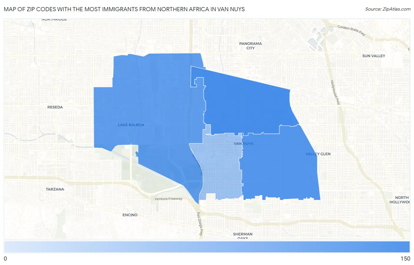 Zip Codes with the Most Immigrants from Northern Africa in Van Nuys Map