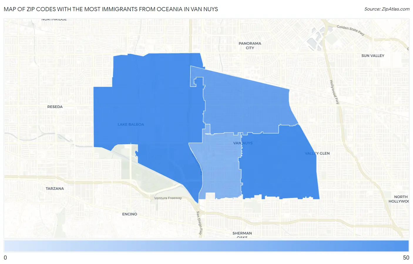 Zip Codes with the Most Immigrants from Oceania in Van Nuys Map