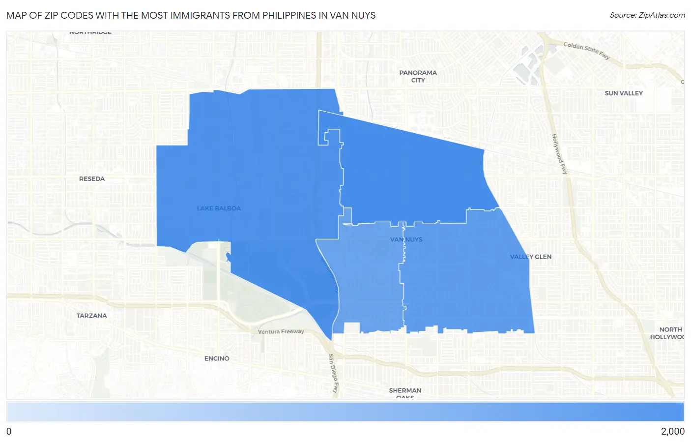 Zip Codes with the Most Immigrants from Philippines in Van Nuys Map