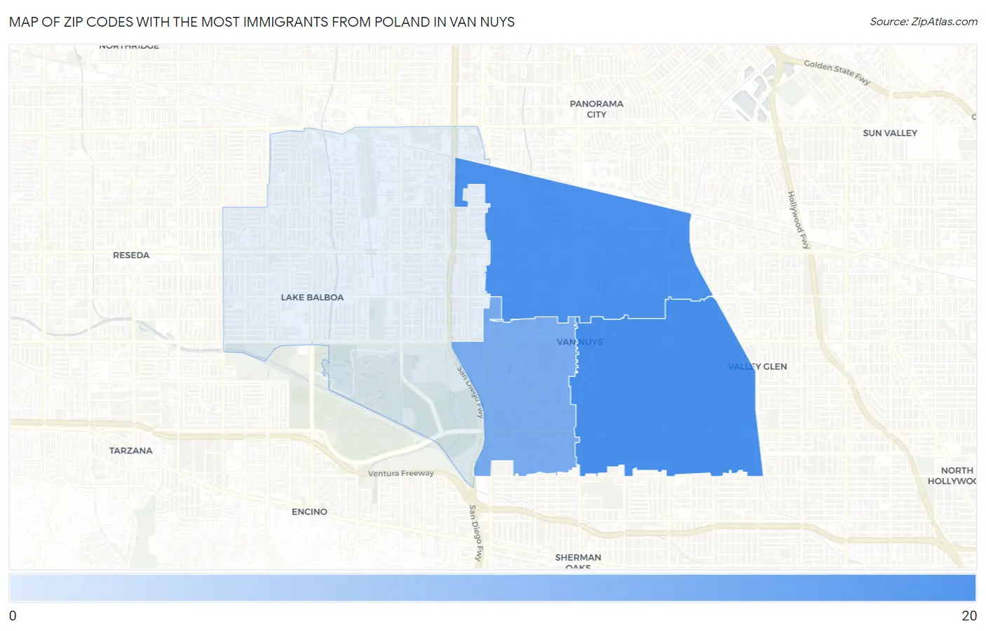 Zip Codes with the Most Immigrants from Poland in Van Nuys Map